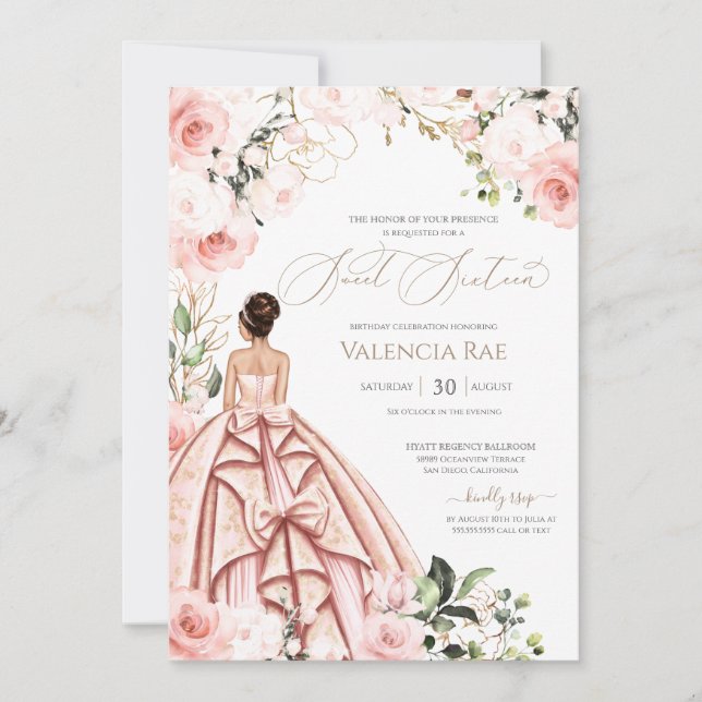 Pretty in Pink Blush Roses Sweet Sixteen Birthday Invitation (Front)