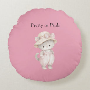 Pretty in Pink Cat Round Pillow