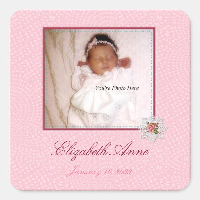 Pretty In Pink Girly Photo Birth Announcement Square Sticker (Front)