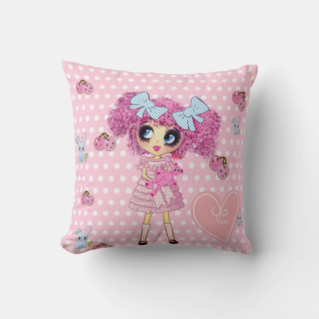 Pretty in Pink Kawaii Girl PinkyP Throw Pillow (Front)