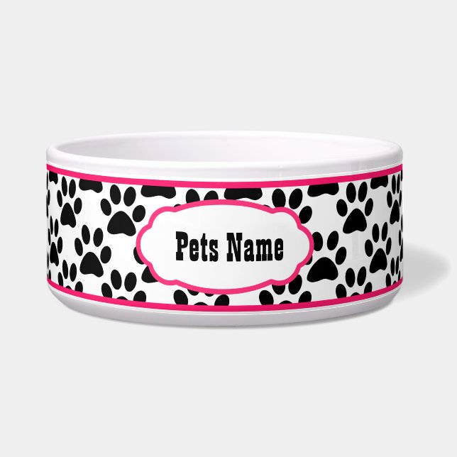 Pretty in Pink Paw Print Personalized Dog Bowl (Front)