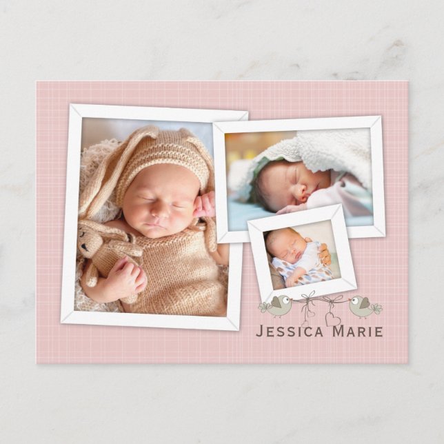 Pretty in Pink Photo Framed Birth Announcement Postcard (Front)