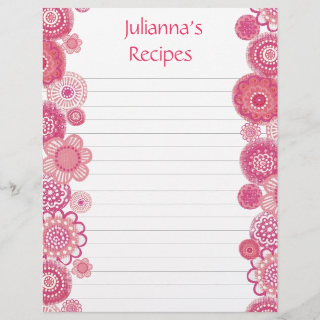 Pretty in Pink Recipe Binder Insert Letter Pages (Front)