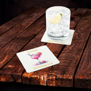 Pretty in Pink Themed Cocktail Birthday Square Paper Coaster