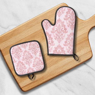 Pretty in Pink Victorian Damask Watercolor Pattern Oven Mitt & Pot Holder Set