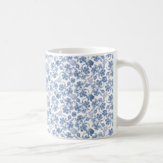Pretty Indigo Blue and White Ethnic Floral Print Coffee Mug (Right)