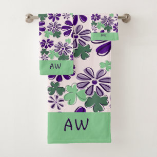 Pretty Initials Green Purple Flower Pattern Bath Towel Set
