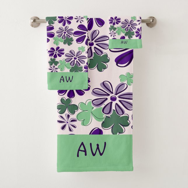 Pretty Initials Green Purple Flower Pattern Bath Towel Set (Insitu)