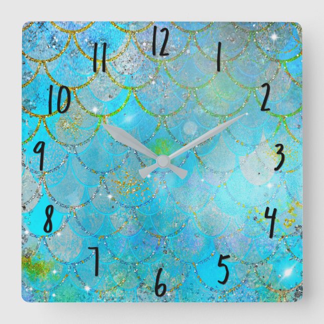 Pretty Iridescent Blue Shimmer Mermaid Scales Square Wall Clock (Front)