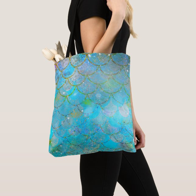 Pretty Iridescent Blue Shimmer Mermaid Scales Tote Bag (Close Up)