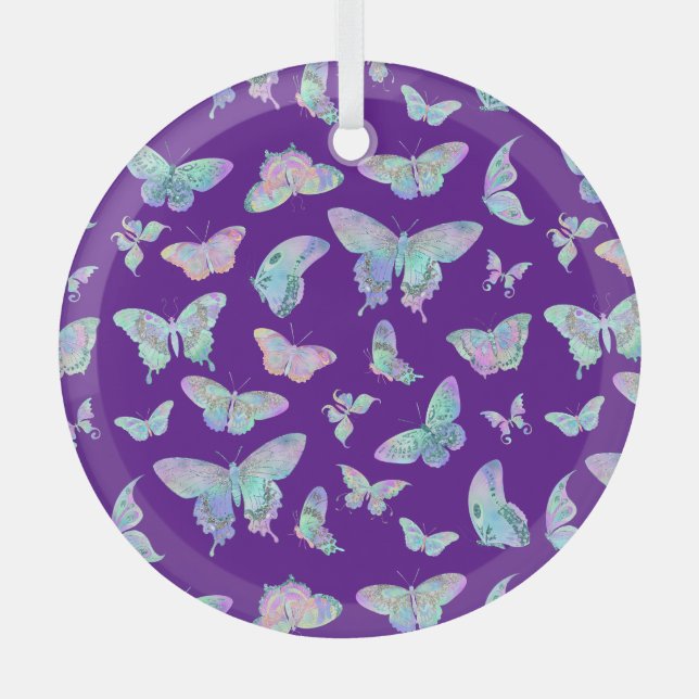 Pretty Iridescent Butterflies on Purple Christmas Glass Ornament (Front)