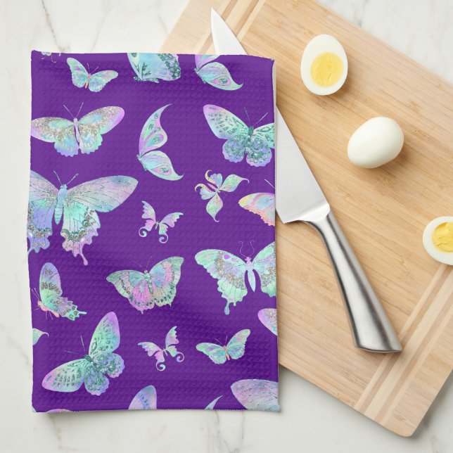 Pretty Iridescent Butterflies on Purple Kitchen Towel (Quarter Fold)