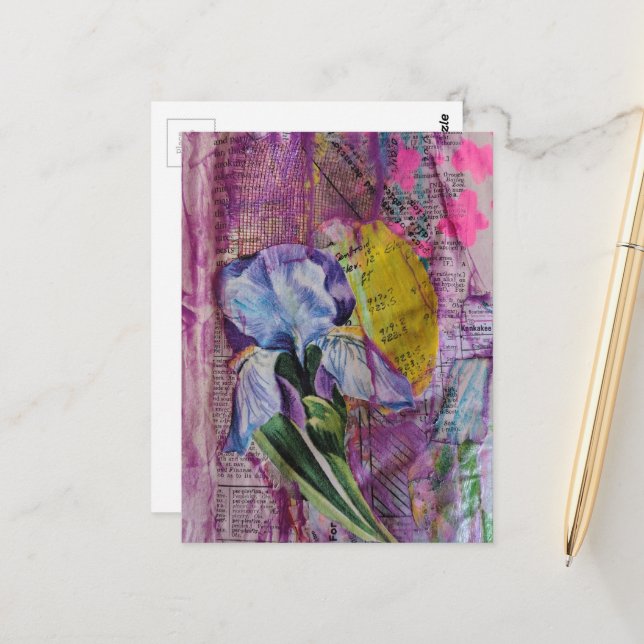 Pretty Iris Flower pink stars mixed media collage  Postcard (Front/Back In Situ)
