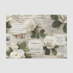 Pretty Ivory Roses with Simulated Text and Stamps Tissue Paper