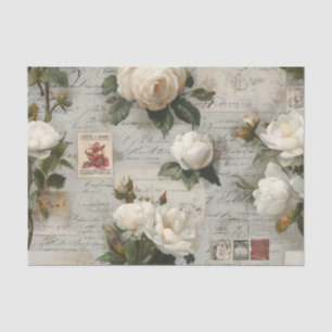 Pretty Ivory Roses with Simulated Text and Stamps Tissue Paper