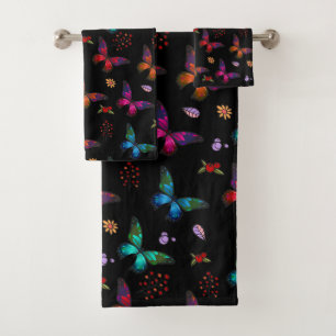 Pretty Jewel Tone Butterflies on Black Bath Towel Set