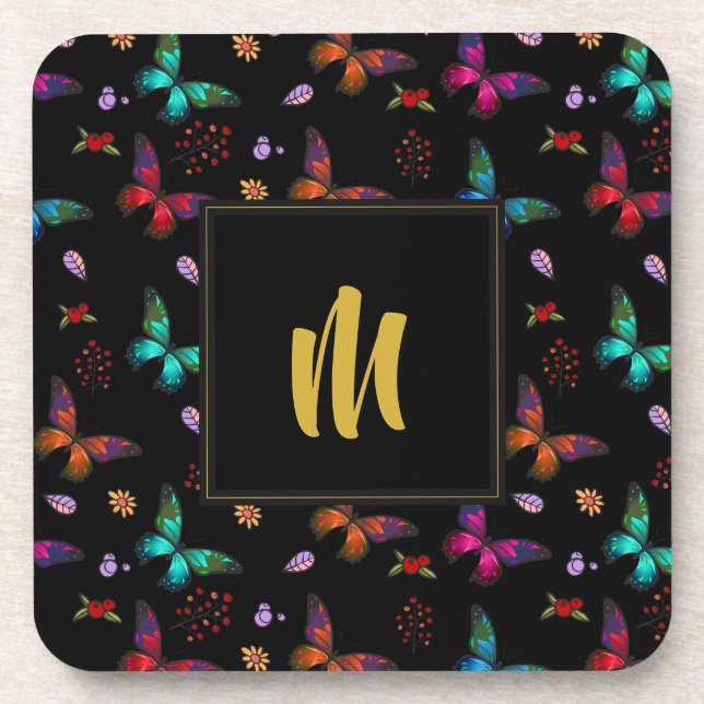 Pretty Jewel Tone Butterflies on Black  Monogram Coaster (Front)