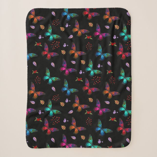 Pretty Jewel Tone Butterflies on Black Sherpa Blanket (Front)