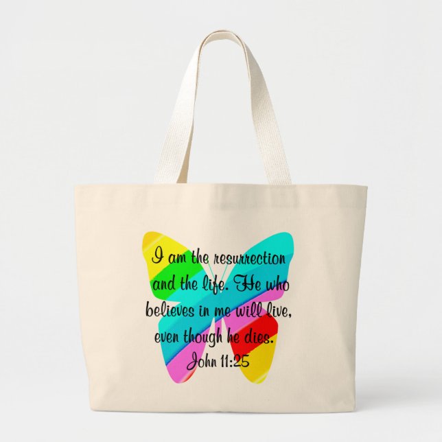 PRETTY JOHN 11:25 RAINBOW BUTTERFLY DESIGN LARGE TOTE BAG (Front)