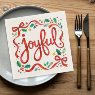 Pretty Joyful Colourful Christmas Red Ribbon  Napkin