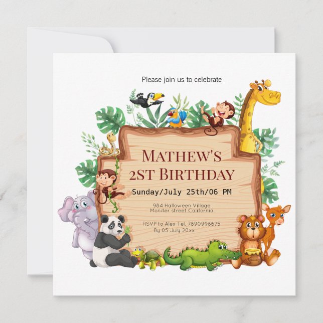 Pretty jungle and wild animals l Giraffe Birthday Invitation (Front)