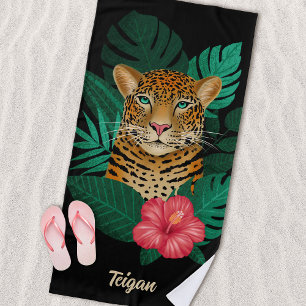 Pretty Jungle Leopard Floral Art   Black   Name Beach Towel