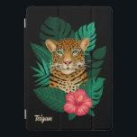 Pretty Jungle Leopard Floral Art | Black | Name iPad Pro Cover<br><div class="desc">This stunning ipad cover features a hand drawn / painted leopard, with tropical jungle leaves and a bright pink hibiscus flower over a custom colour background (shown in black). A text template is included for easy personalization. Modern, beautiful, and unique - makes a great gift! *Artwork / Illustration by Tracey...</div>