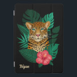 Pretty Jungle Leopard Floral Art | Black | Name iPad Pro Cover<br><div class="desc">This stunning ipad cover features a hand drawn / painted leopard, with tropical jungle leaves and a bright pink hibiscus flower over a custom colour background (shown in black). A text template is included for easy personalization. Modern, beautiful, and unique - makes a great gift! *Artwork / Illustration by Tracey...</div>