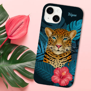 Pretty Jungle Leopard Floral Art   Blue   Name Case-Mate iPhone 14 Case