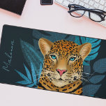 Pretty Jungle Leopard Floral Art | Blue | Name Desk Mat<br><div class="desc">This stunning desk mat features a hand drawn / painted leopard, with tropical jungle leaves in shades of blue over a custom colour background (shown in dark navy blue). A text template is included for easy personalization. Modern, beautiful, and unique - makes a great gift! *Artwork / Illustration by Tracey...</div>