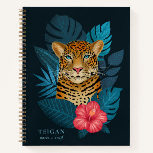 Pretty Jungle Leopard Floral Art   Blue   Name Notebook