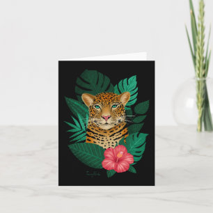 Pretty Jungle Leopard Floral Art   Green Black Note Card