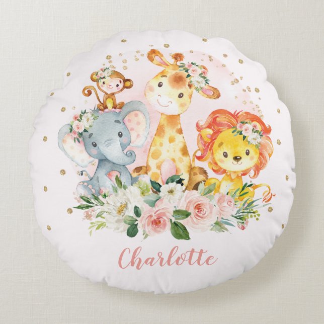 Pretty Jungle Safari Animals Baby Girl Nursery Round Pillow (Front)