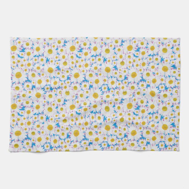 Pretty Kitchen Towel: Ditzy Daisies on Blue Towel (Horizontal)