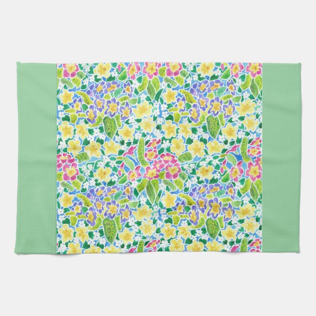 Pretty Kitchen Towel, Spring Primroses, Mint Green Kitchen Towel (Horizontal)