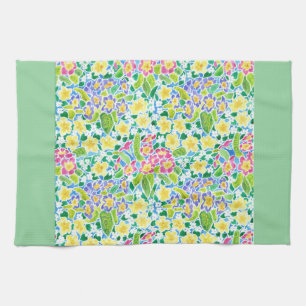 Pretty Kitchen Towel, Spring Primroses, Mint Green Towel