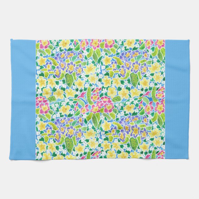 Pretty Kitchen Towel, Spring Primroses, Sky Blue Kitchen Towel (Horizontal)