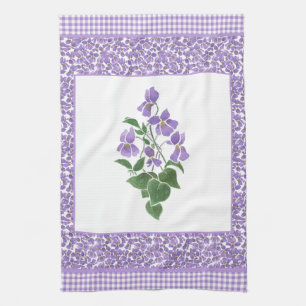 Pretty Kitchen Towel, Violets and Check Gingham Towel