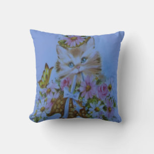 Pretty kitty cat lovers light blue and pink throw pillow