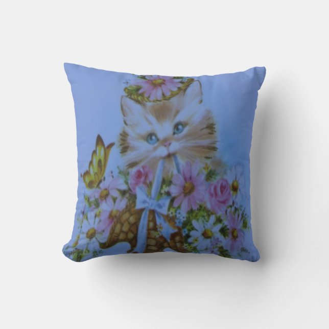 Pretty kitty cat lovers light blue and pink throw pillow (Front)