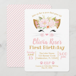 PRETTY KITTY Girl Cat Birthday Invitation