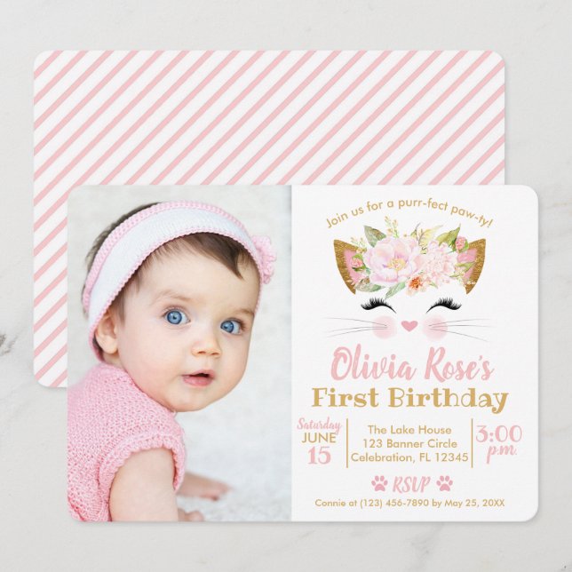 PRETTY KITTY Girl Cat Photo Birthday Invitation (Front/Back)