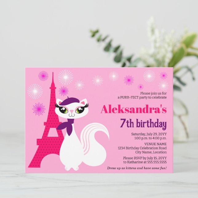 Pretty Kitty Paris Pink Birthday Invitation (Standing Front)
