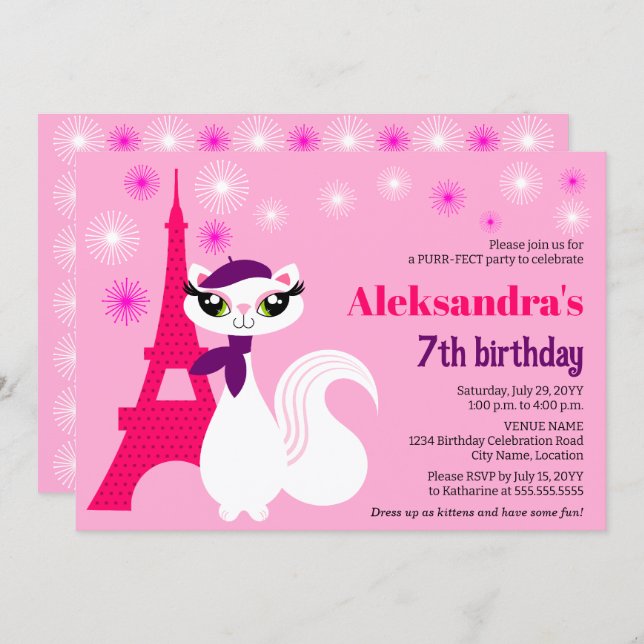 Pretty Kitty Paris Pink Birthday Invitation (Front/Back)