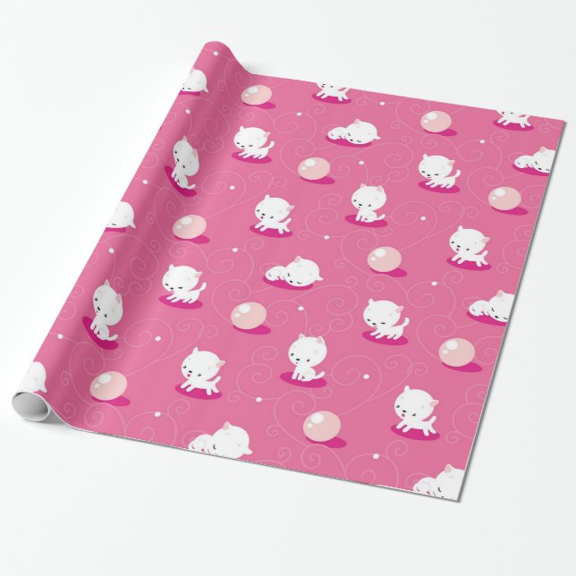 Pretty Kitty Pink Kittens Pattern Wrapping Paper (Unrolled)
