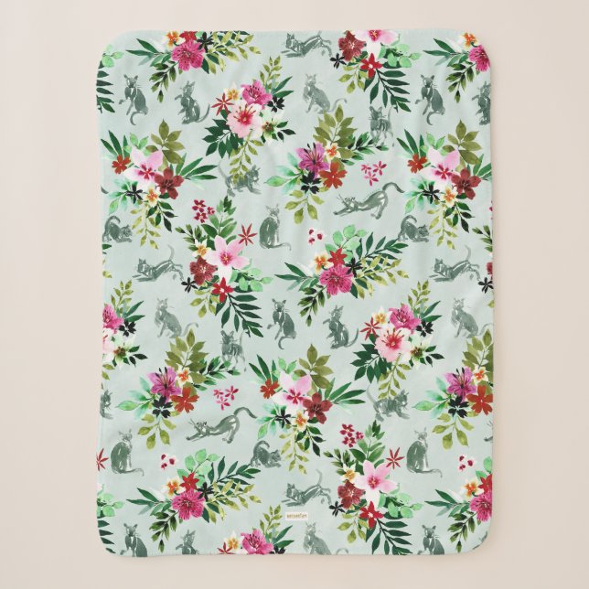 PRETTY KITTY Tropical Floral Cat Sherpa Blanket (Front)