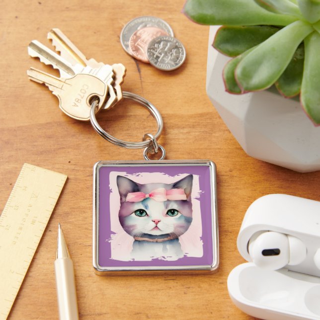 Pretty Kitty With Pink Bow Keychain (Desk)