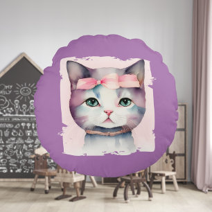 Pretty Kitty With Pink Bow Round Pillow