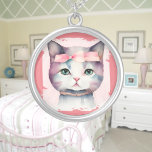 Pretty Kitty With Pink Bow  Silver Plated Necklace<br><div class="desc">A pretty kitty face with a pink bow. Digitally created in a watercolor style. Perfect for babies,  kids and adults on many trendy products! Customize your background colour or text!</div>