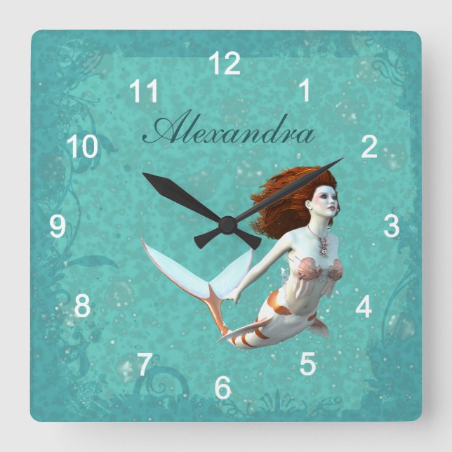 Pretty Koi Mermaid Swimming Underwater Square Wall Clock (Front)